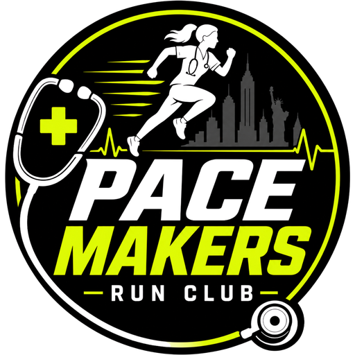 Pace Makers Run Club badge: a nurse running past the city skyline